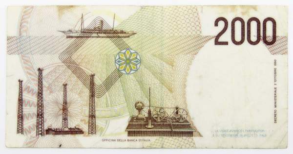 Банкнота 2000 лир 1990 года (Маркони) Италия Банкнота 2000 лир 1990 года (Маркони) Италия