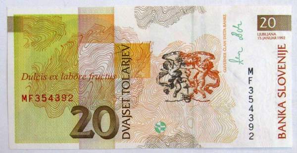 Банкнота 20 толаров 1992 года Словения Банкнота 20 толаров 1992 года Словения