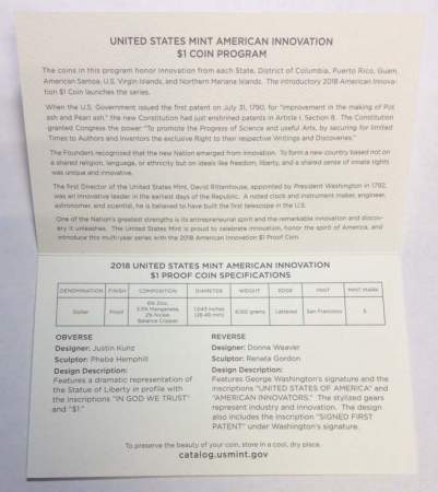 Монета 1 доллар США Первый патент серии Американские инновации и новаторы (2018) S, PROOF, футляр, сертификат