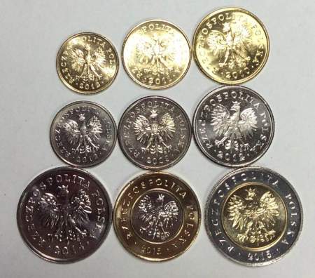 Набор регулярных монет Польши 2009-2015 гг., 9 монет