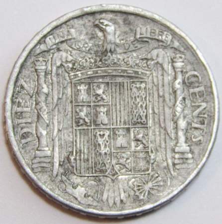 Монета 10 сентимо Испания 1940 год