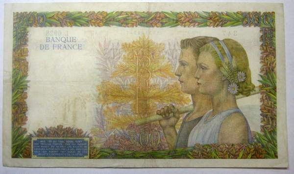 Банкнота 500 франков 1942 года Франция Банкнота 500 франков 1942 года Франция