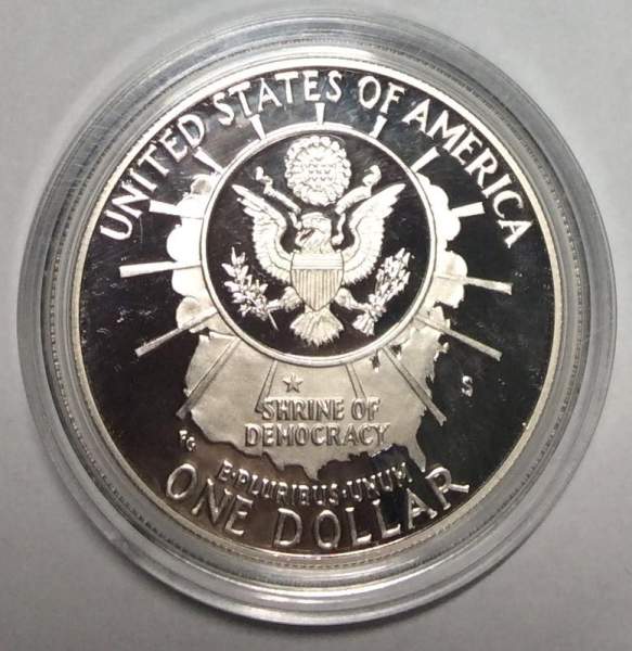 Монета 1 доллар США 1991 года, Национальный мемориал «Гора Рашмор» в Южной Дакоте, Серебро 900 пробы, пруф