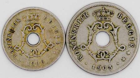 Набор монет Бельгии 1903-1906 гг., 2 монеты, KONINGRIJK BELGIË