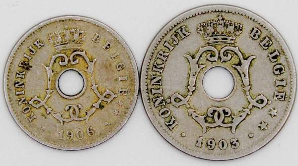 Набор монет Бельгии 1903-1906 гг., 2 монеты, KONINGRIJK BELGIË