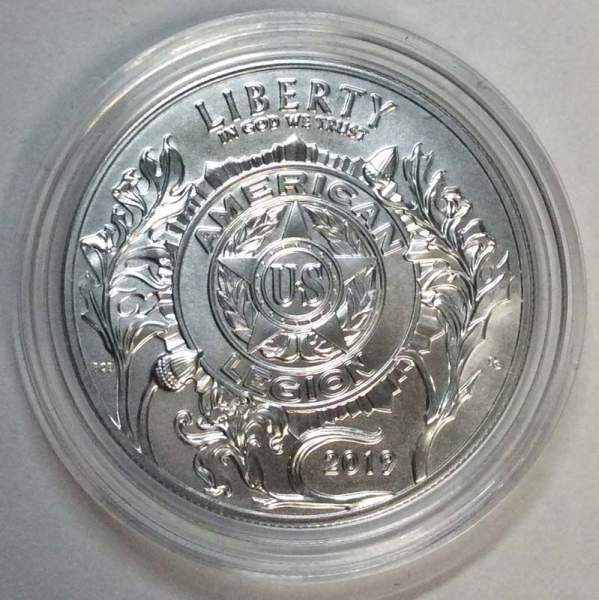 Монета 1 доллар США Американский легион. 100 лет со дня основания, 2019, с сертификатом, серебро 999, в футляре и картонной коробке, UNC