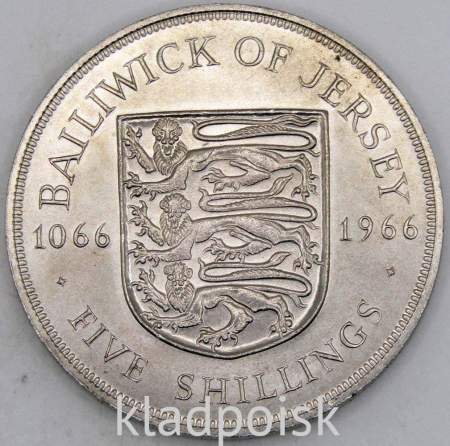 Монета 5 шиллингов 1966 года Джерси - 900 лет битве при Гастинге