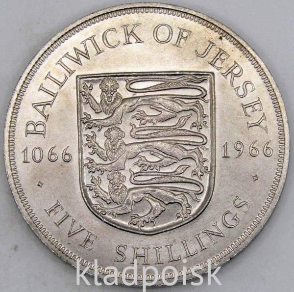 Монета 5 шиллингов 1966 года Джерси - 900 лет битве при Гастинге