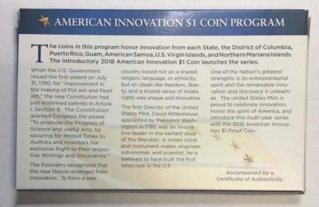 Монета 1 доллар США Первый патент серии Американские инновации и новаторы (2018) S, PROOF, футляр, сертификат