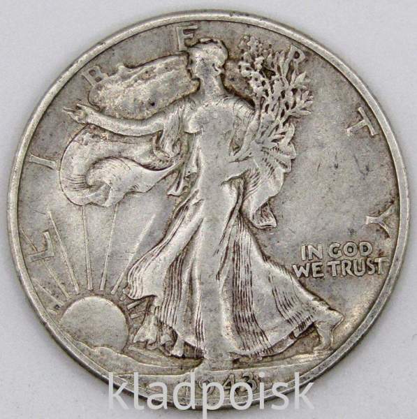 Монета 50 Центов США «Шагающая свобода» 1943 Серебро 900 пробы Монета 50 Центов США «Шагающая свобода» 1943 Серебро 900 пробы