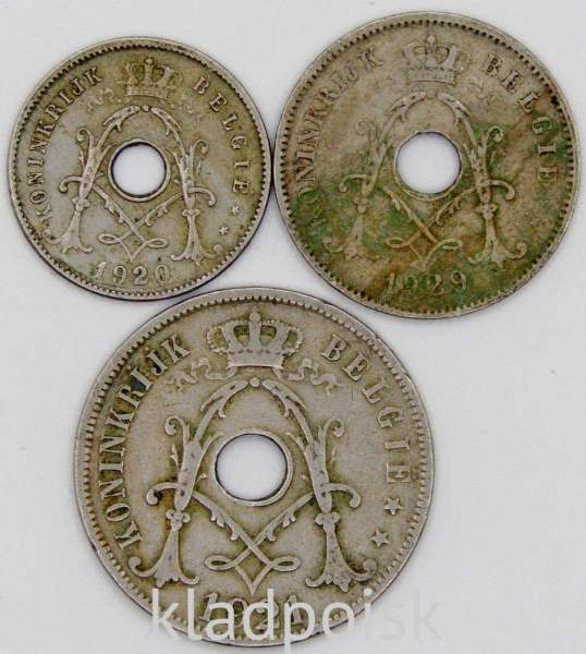 Набор монет Бельгии 1920-1930 гг., 3 монеты, KONINGRIJK BELGIË