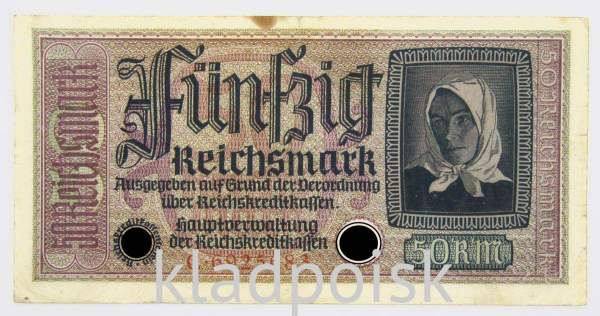 Банкнота 50 рейхсмарок Германия 1940-1945 гг. Немецкие оккупационные территории, арт 2