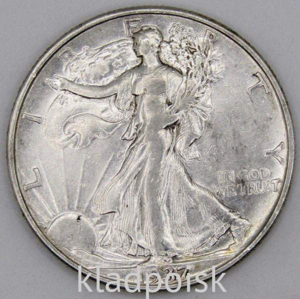 Монета 50 Центов США «Шагающая свобода» 1937 Серебро 900 пробы Монета 50 Центов США «Шагающая свобода» 1937 Серебро 900 пробы