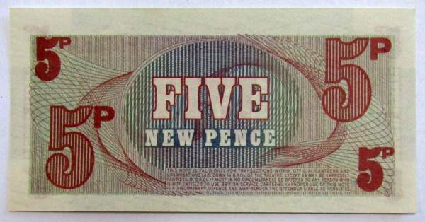 Банкнота Специальный ваучер 5 новых пенсов 1972 года - Вооруженные силы Великобритании, арт 2