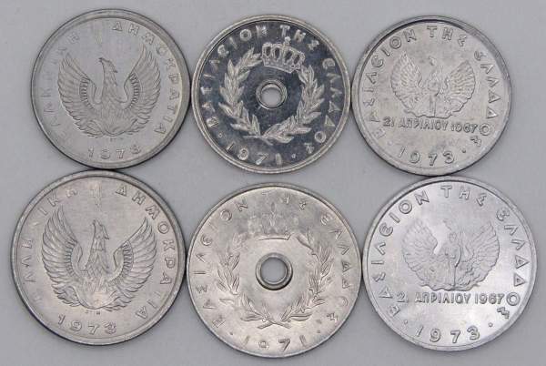 Набор регулярных монет Греции 1971-1973гг, 6 монет