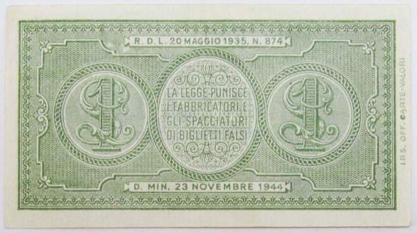 Банкнота 1 лира 1944 года Италия, арт 2 Банкнота 1 лира 1944 года Италия, арт 2