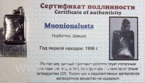Подвеска из метеорита Муонионалуста (Muonionalusta) с родированием (арт 17)