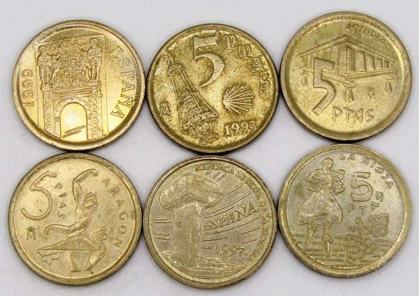 Набор монет Испании 1993-1999 гг., 6 монет номиналом 5 песет