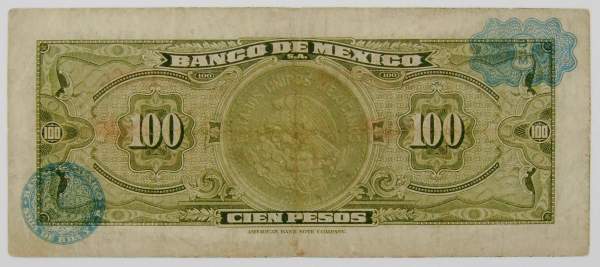 Банкнота 100 песо 1965 года Мексика