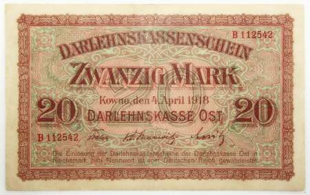 Банкнота 20 марок 1918 года Германская оккупация Латвии и Литвы (Ковно)