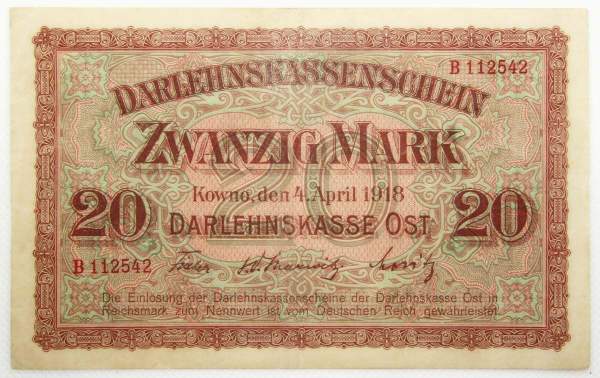 Банкнота 20 марок 1918 года Германская оккупация Латвии и Литвы (Ковно) Банкнота 20 марок 1918 года Германская оккупация Латвии и Литвы (Ковно)