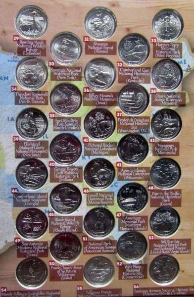 Набор монет 25 центов США (квотеры) серии «Национальные парки США», 56 монет + альбом в подарок!