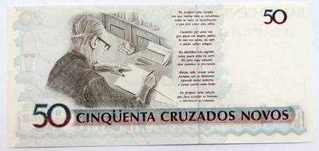 Банкнота Бразилия 50 крузейро на 50 крузадо 1990 г. (с надпечаткой)