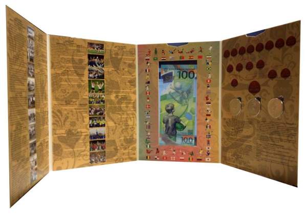 Набор из 3 памятных монет и 100-рублевой банкноты в коллекционном альбоме ЧЕМПИОНАТ мира по футболу 2018 в России