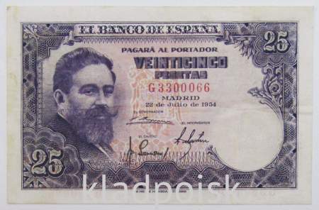 Банкнота 25 песет 1954 года Испания