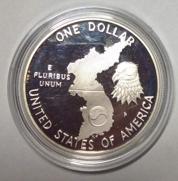 Монета 1 доллар США 1991 года, 38 лет Корейской войне, Серебро 900 пробы, пруф