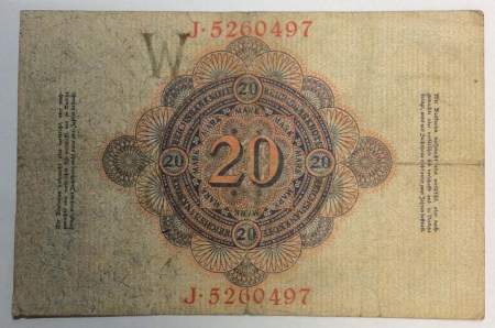 Банкнота 20 марок 1914 года Германия KM# 46.b