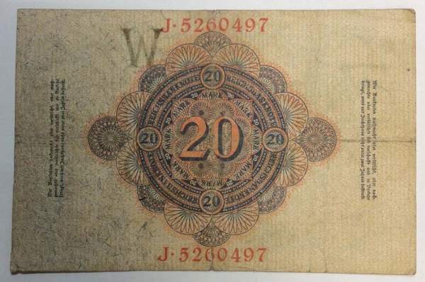 Банкнота 20 марок 1914 года Германия KM# 46.b Банкнота 20 марок 1914 года Германия KM# 46.b