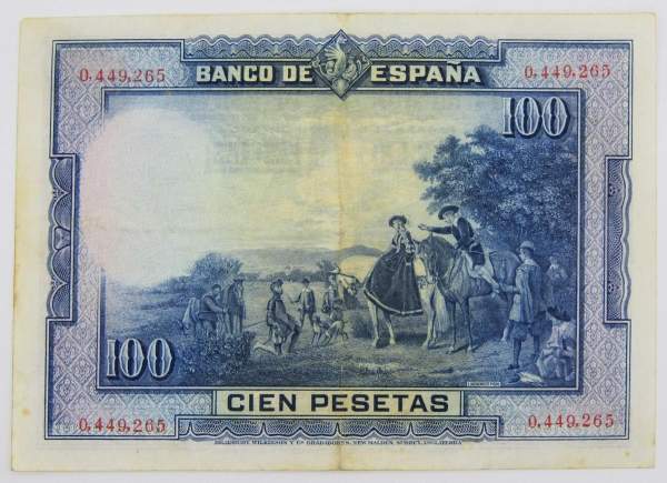 Банкнота 100 песет 1928 года Испания