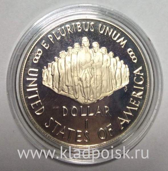Монета 1 доллар США 1987 года, 200 лет Конституции США, Серебро 900 пробы, пруф Монета 1 доллар США 1987 года, 200 лет Конституции США, Серебро 900 пробы, пруф