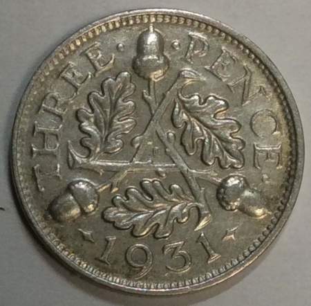 Монета 3 пенса 1931 года Великобритания