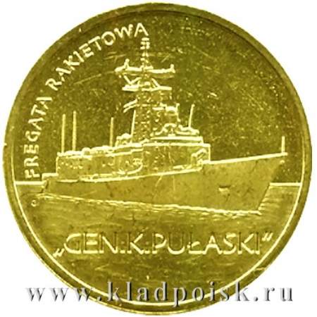 Монета 2 злотых Польша Ракетный фрегат Генерал Казимир Пулавский 2013
