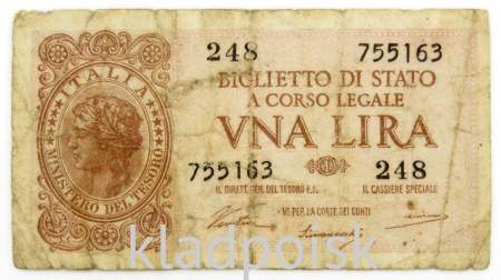 Банкнота 1 лира 1944 года Италия