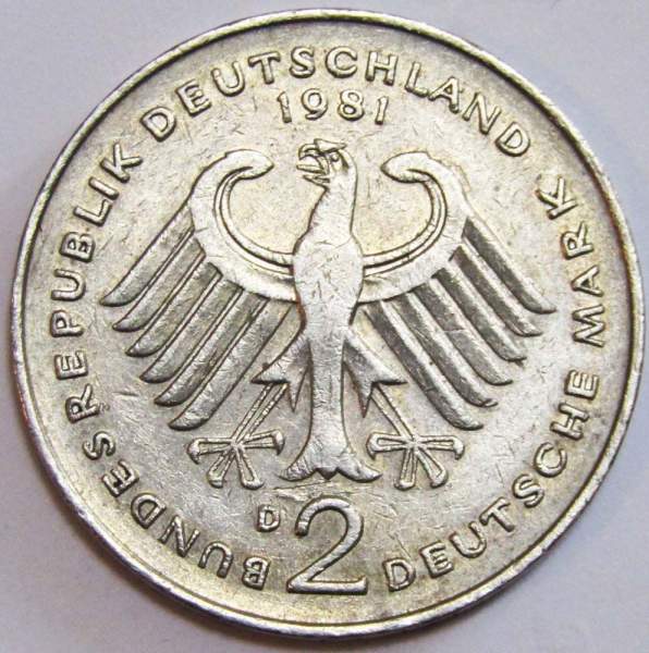 Монета 2 марки 1981 года Курт Шумахер, 30 лет Федеративной Республике (1949-1979)