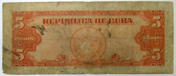 Банкнота 5 песо 1950 года Куба Банкнота 5 песо 1950 года Куба