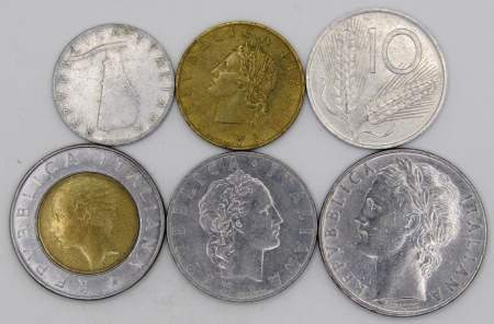 Набор регулярных монет Италии 1951-2001 гг, 6 монет