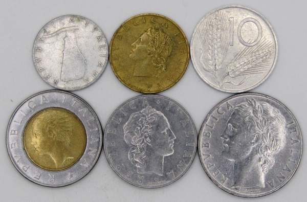 Набор регулярных монет Италии 1951-2001 гг, 6 монет