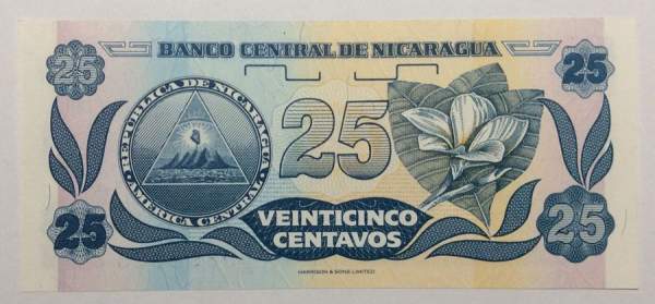 Банкнота 25 сентаво 1991 года Никарагуа