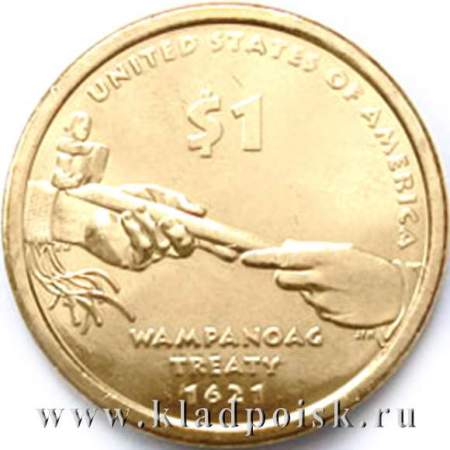 Монета 1 доллар Сакагавея Договор с племенем Wampanoag