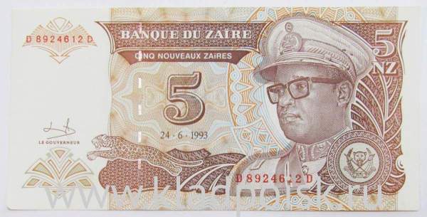 Банкнота 5 новых заиров 1993 года Заир Банкнота 5 новых заиров 1993 года Заир