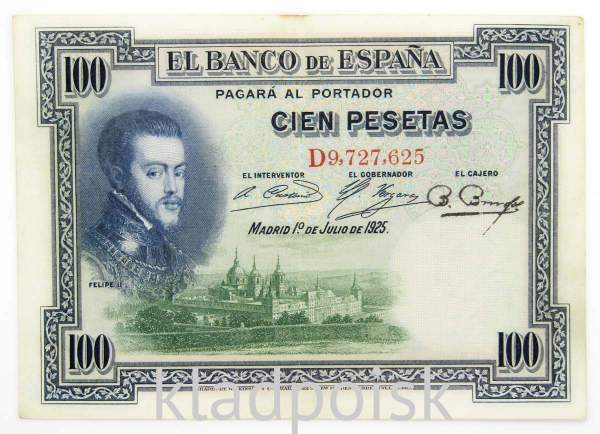 Банкнота 100 песет 1925 года Испания