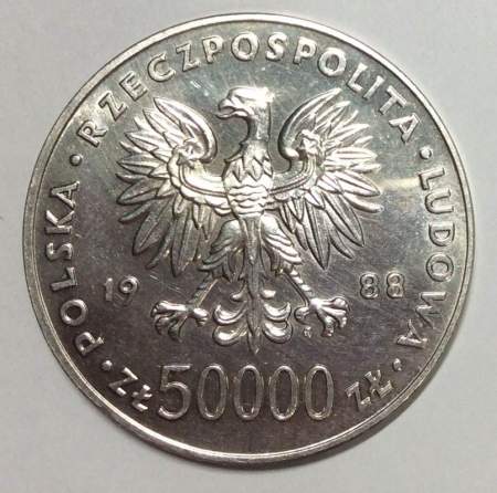 Монета Польша 50000 злотых Юзеф Пилсудский, 70 лет восстановлению независимости Польши, 1988