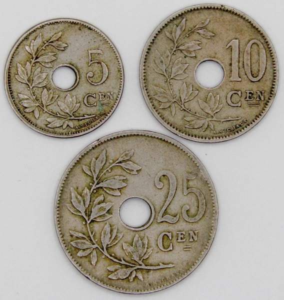Набор монет Бельгии 1920-1930 гг., 3 монеты, KONINGRIJK BELGIË
