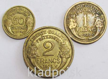 Набор из 3 регулярных монет Франции 1931-1947 года