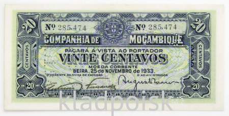 Банкнота 20 сентаво 1933 года Мозамбик