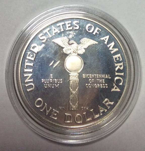 Монета 1 доллар США 1989 года, 200 лет Конгрессу США, Серебро 900 пробы, пруф